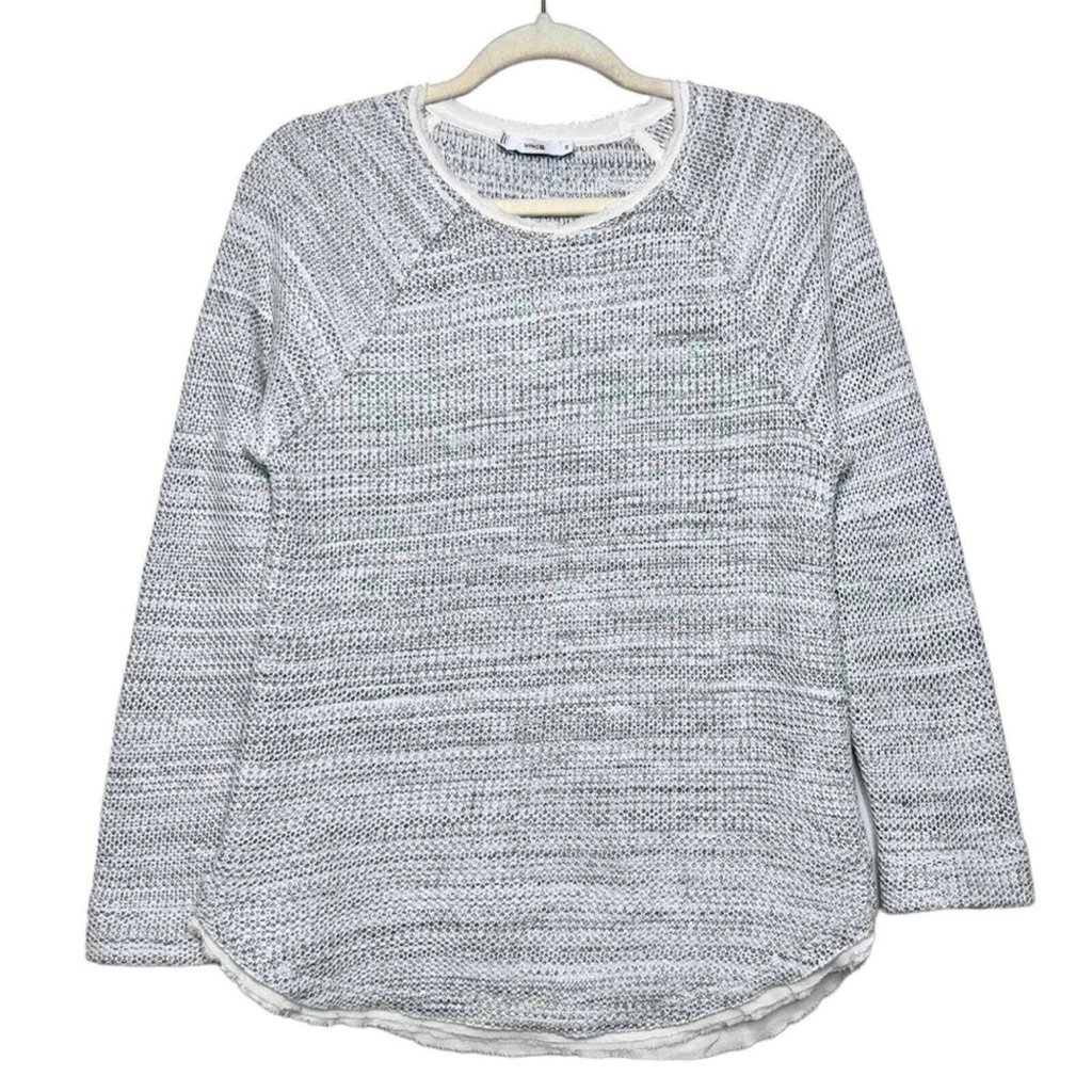 Vince Heather Gray Woven Knit Cream Silk Trim Long Sleeve Sweater- Size Small
